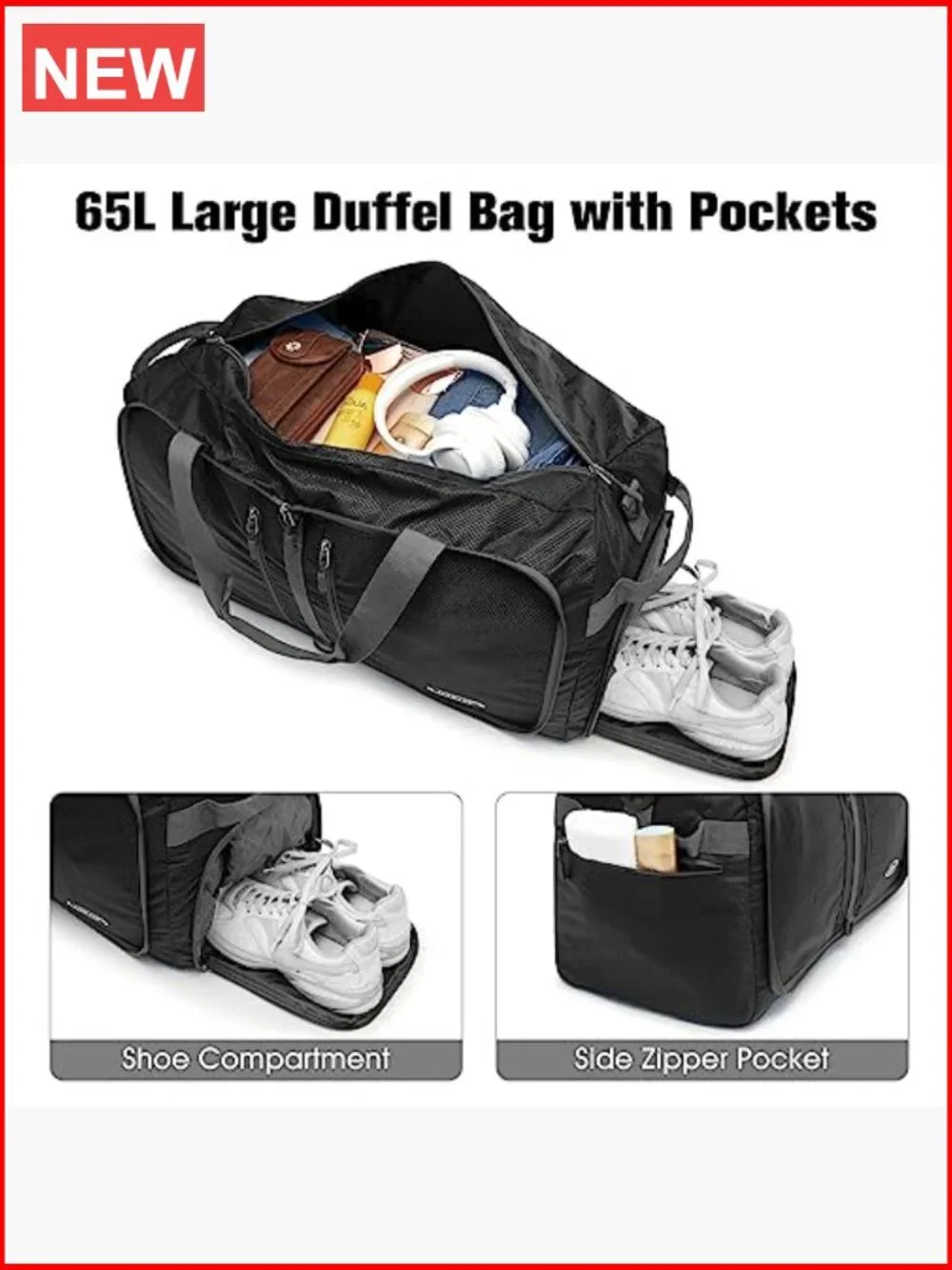 Foldable Duffel Bag, Water-Repellent Travel Backpack, Lightweight Carry-On for